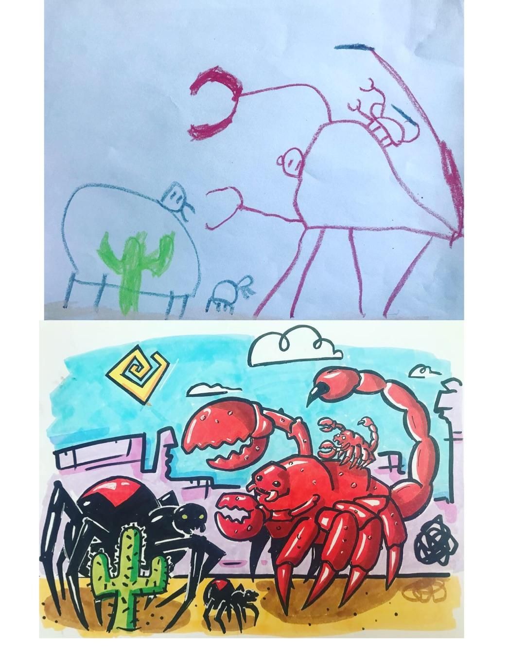 I reimagine drawings by my nephews here is a mama and baby spider vs a mama and baby scorpion