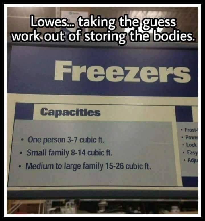 Lowe’s. Taking the guess work out of which freezer to buy when you need to store bodies.