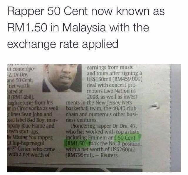 50 cent in Malaysia.