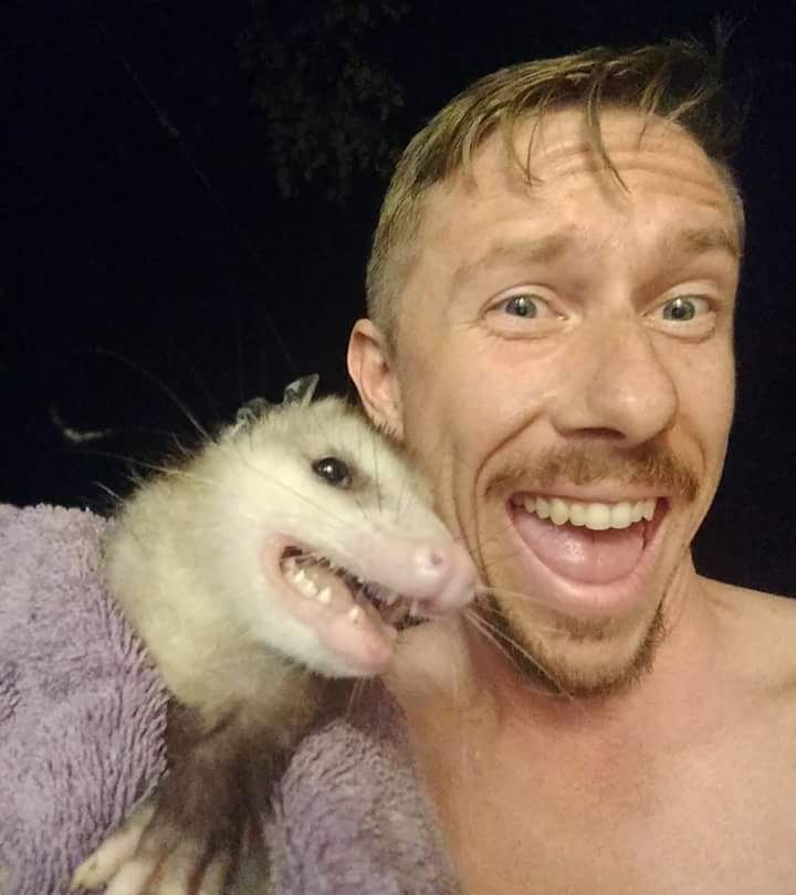 An opossum got into my buddy's house and he snapped a selfie with it while he was carrying it out.