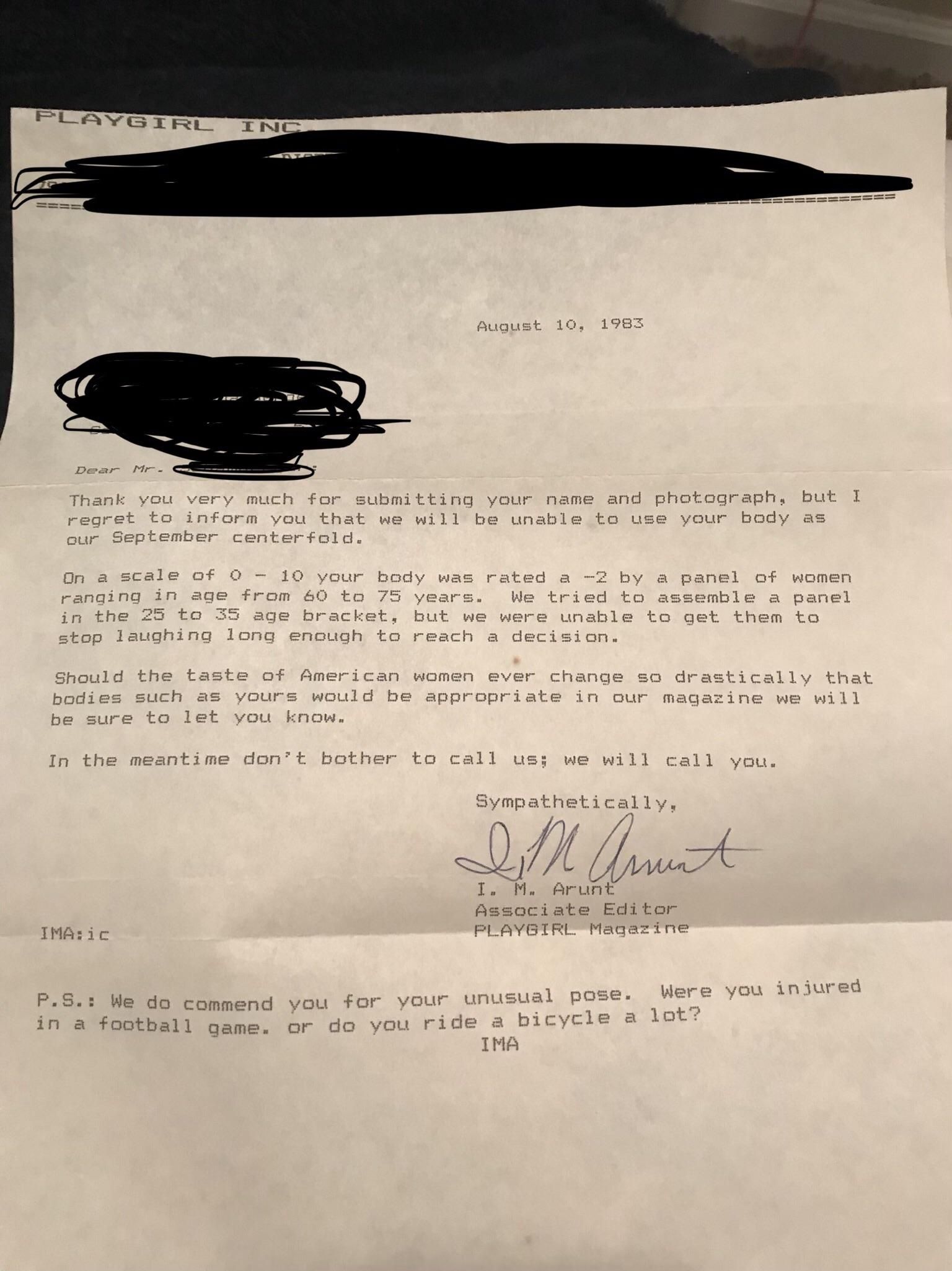 This is a letter my dad received from playgirl magazine when he was in high school.