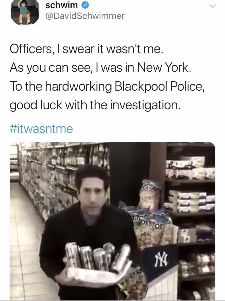 David Schwimmer responds to claims he stole beer in Blackpool