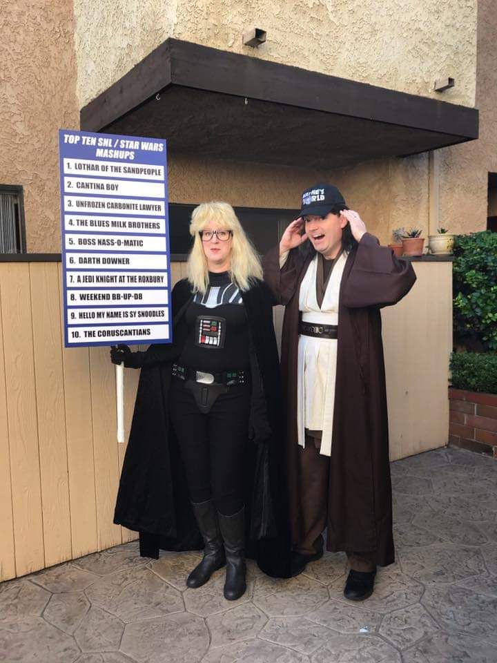 My friend and her husband always bring it at Halloween but this year they really topped themselves. Meet Garth Vader and Obi Wayne Kenobi.