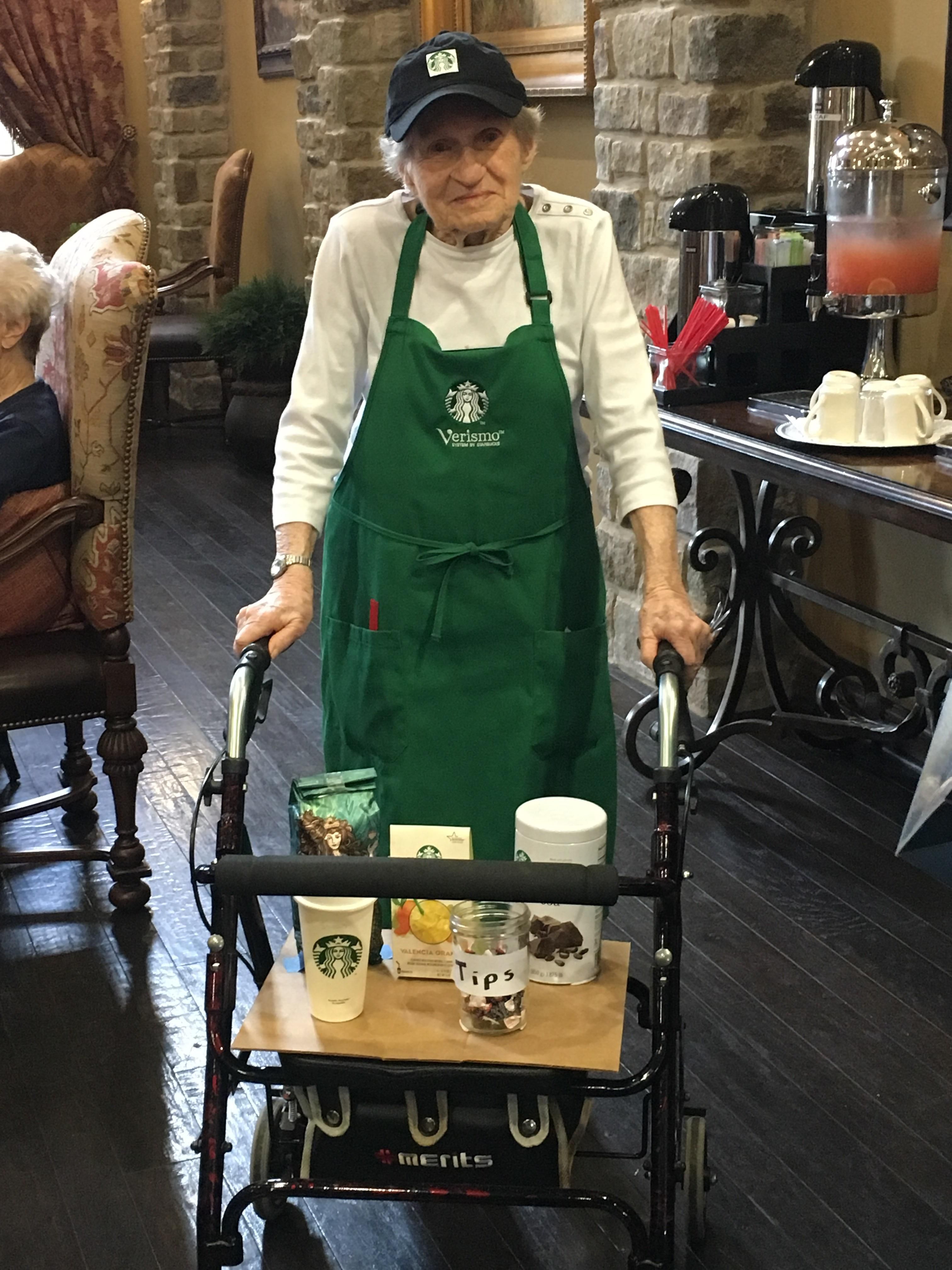 My 96 y/o grandmother wanted to dress up like a Starbucks barista this Halloween. I think she hit it out of the park.