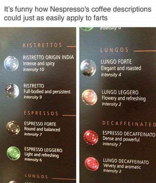 Nespresso coffee descriptions easily apply to farts.