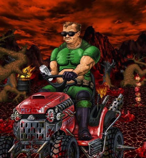 The man too high on monster toget off his lawnmower