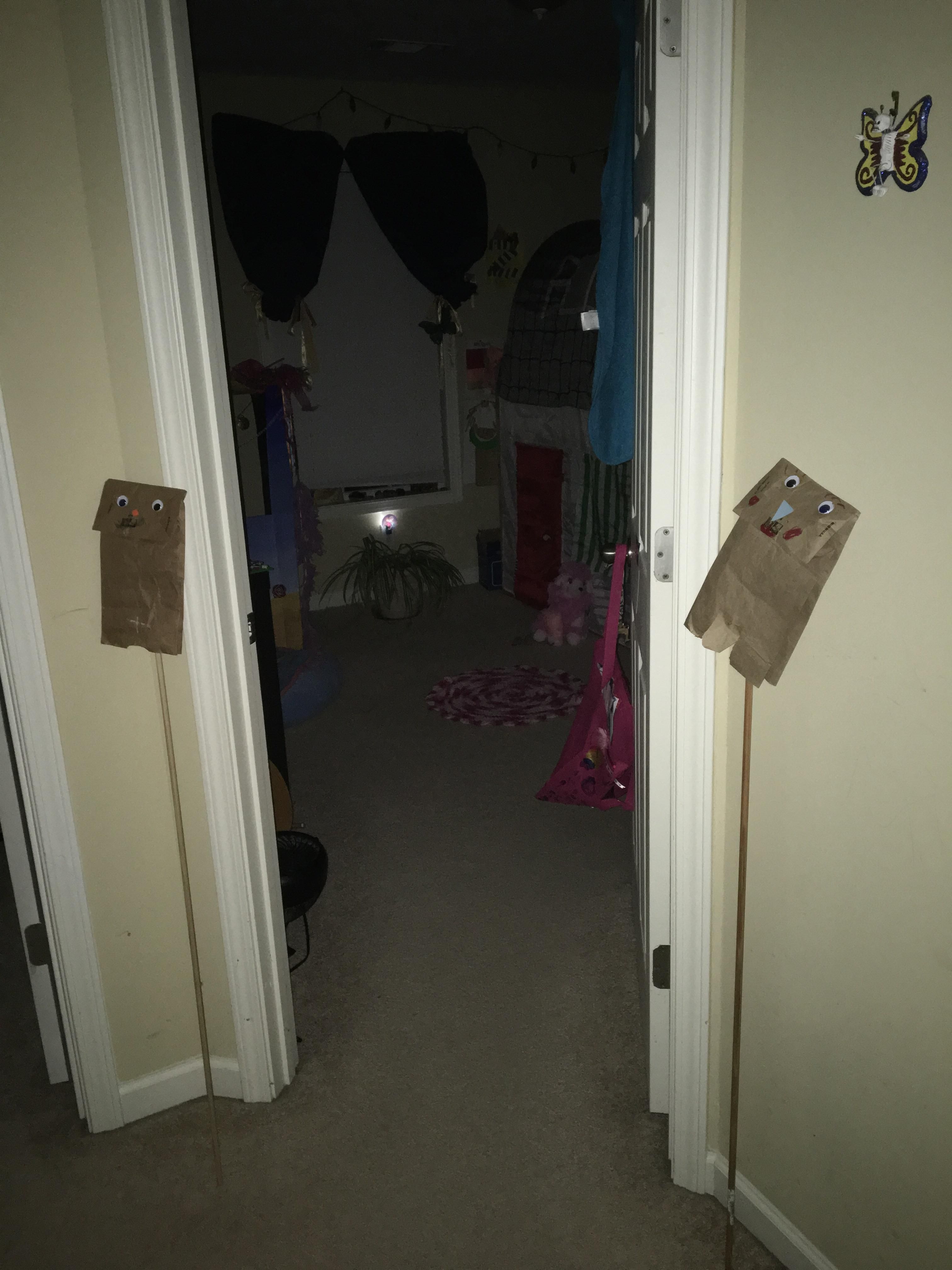 Last night my daughter had a bad dream. Today she made puppets to guard her room while she sleeps.