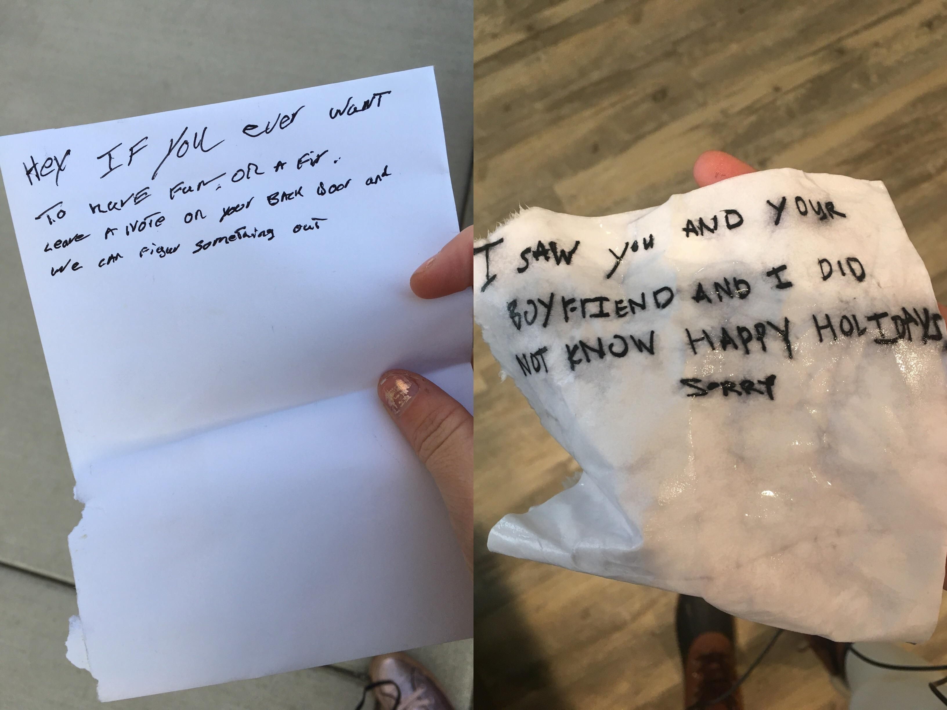 I live alone and someone put the first note on my car, and it freaked me out. The guy I’m dating stayed the night and I just came home to this. Nicest stalker ever