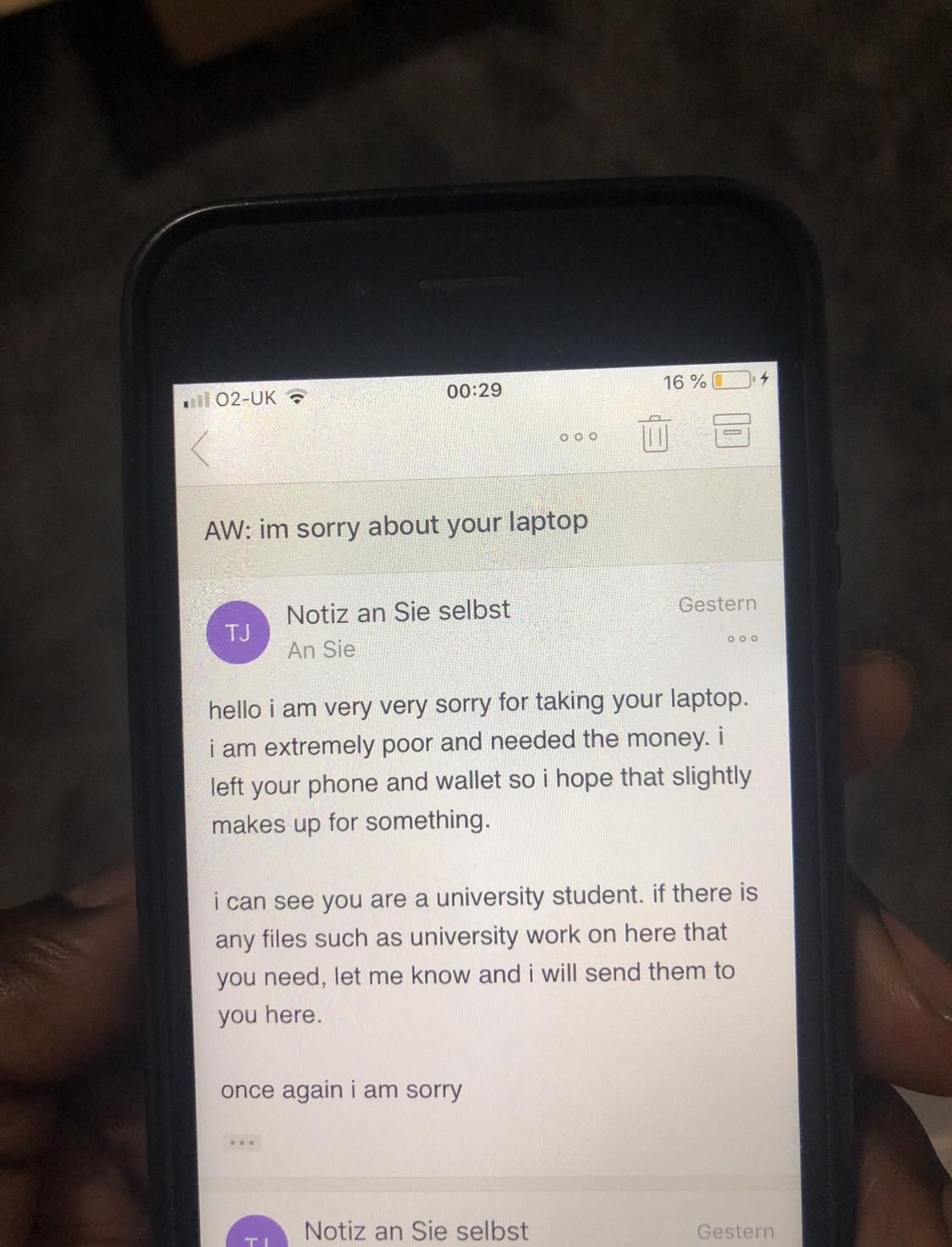 A student got her laptop stolen, this is the email she got afterwards