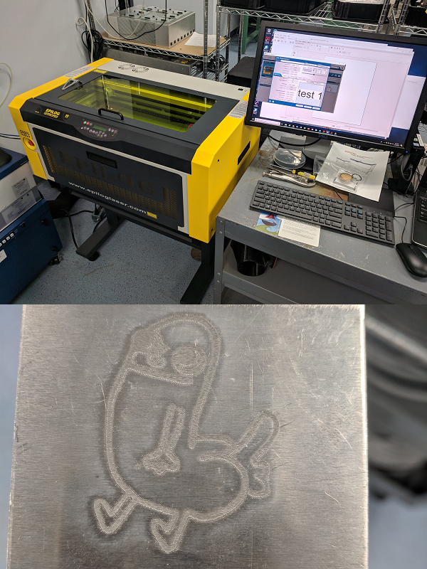 My friend bought a $40k laser for work. Here's a picture of the laser, and a picture of the first thing he made with it.