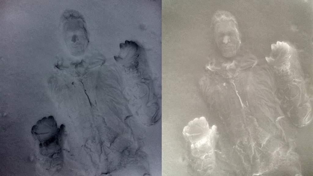 lying face down in snow and then inverting the image gives you a great Han Solo frozen in carbonite impression