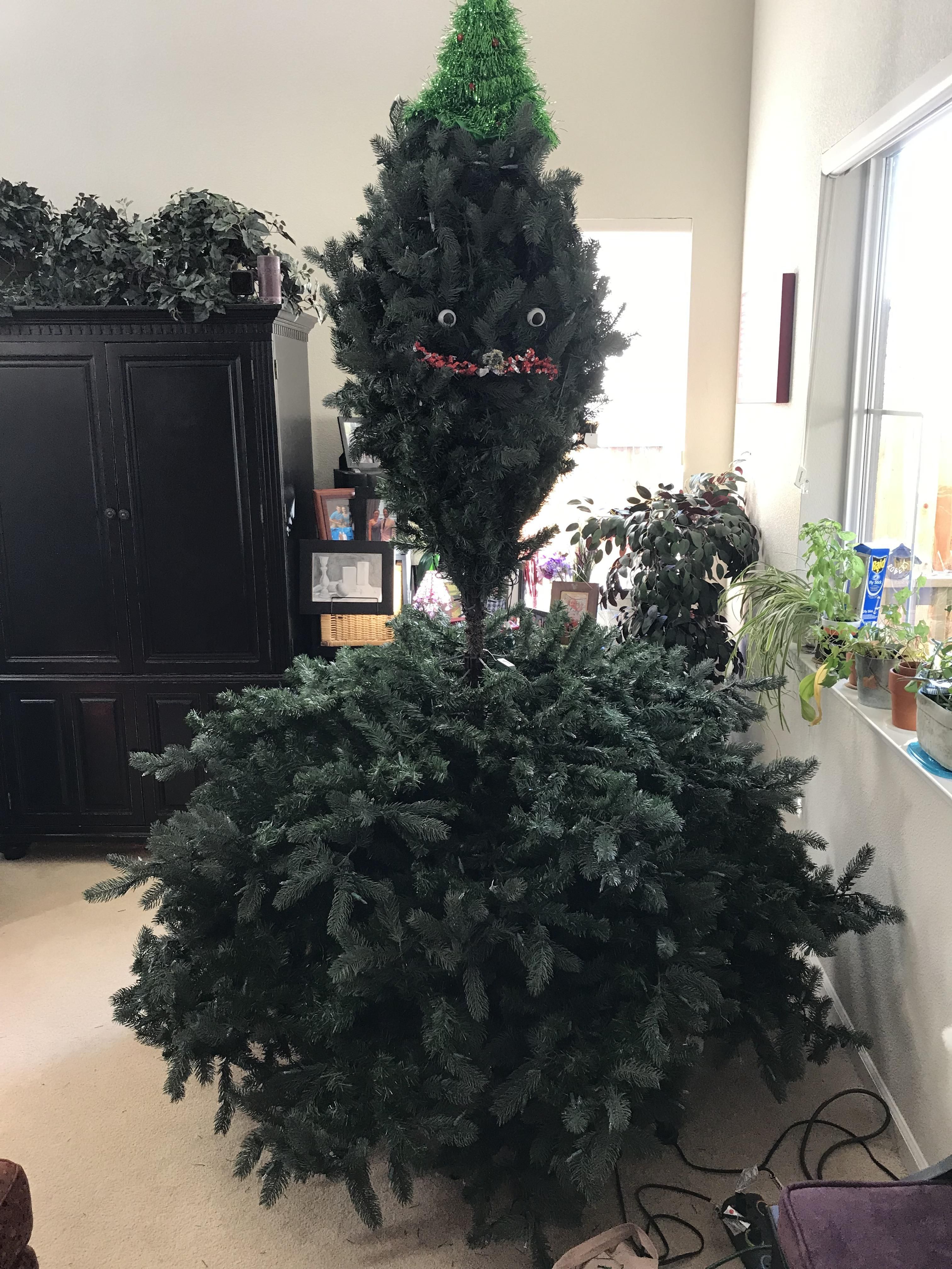 We didn’t want to set up the second half of the tree. So we got creative. Meet treevor