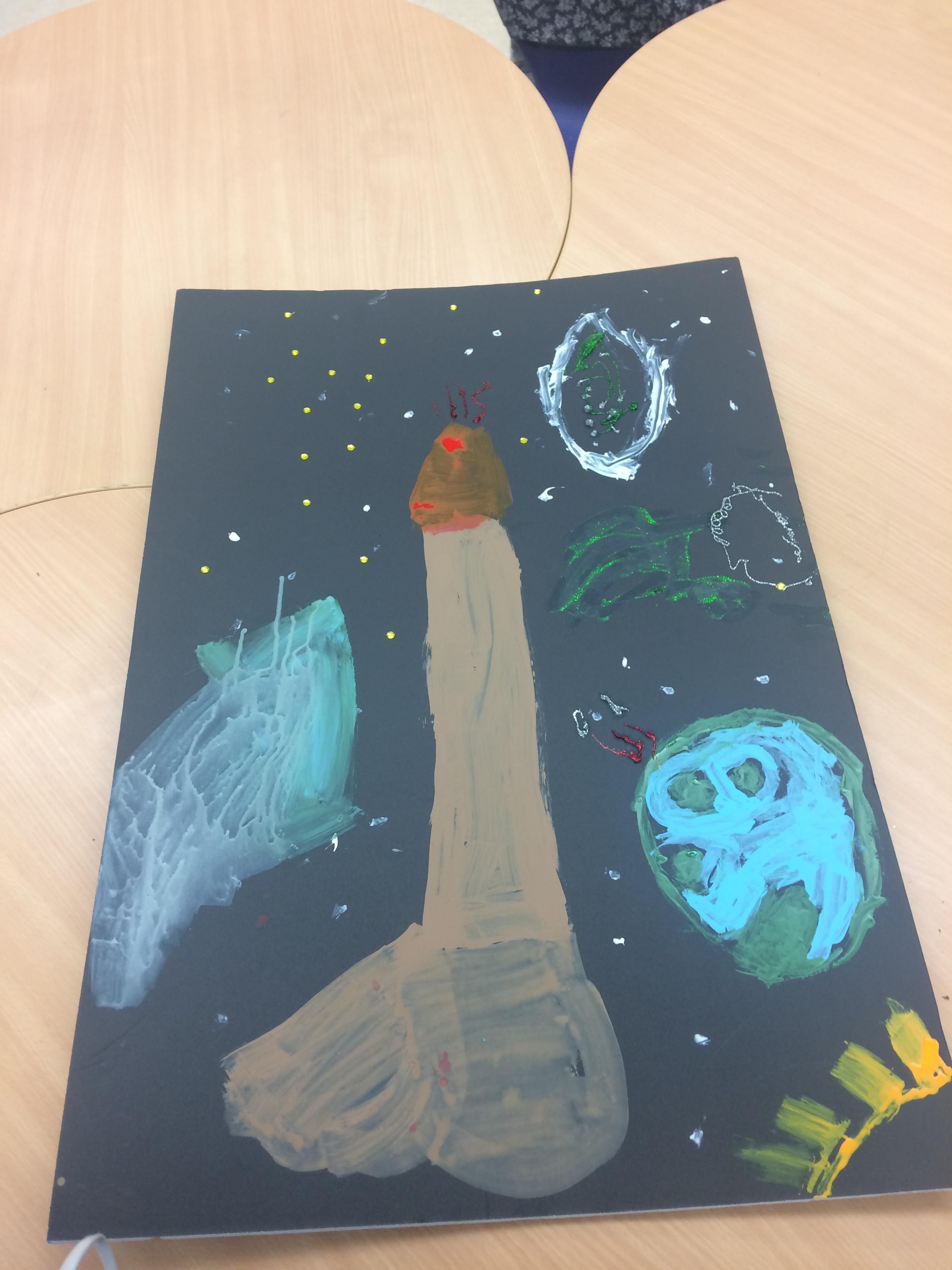 This is one of my 3rd grade student’s “rocket ship” for our solar system posters that get hung around the room.
