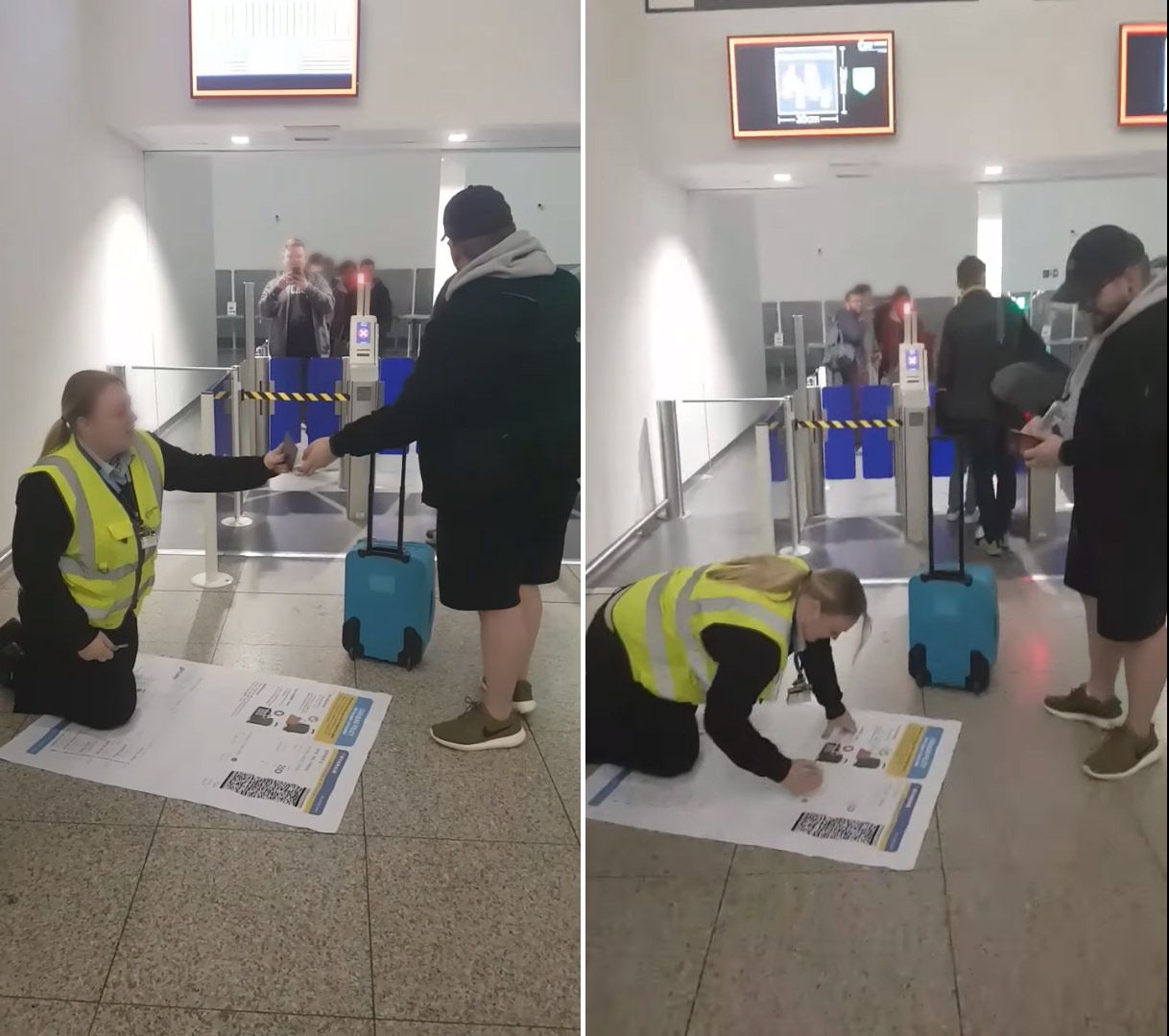 Guy takes A0 sized boarding pass to get through airport security.