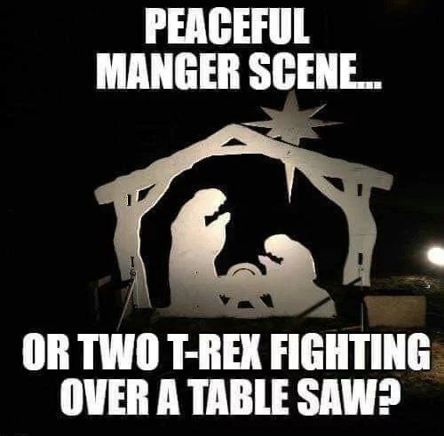 Christmas nativity scene or 2 t-rexes?