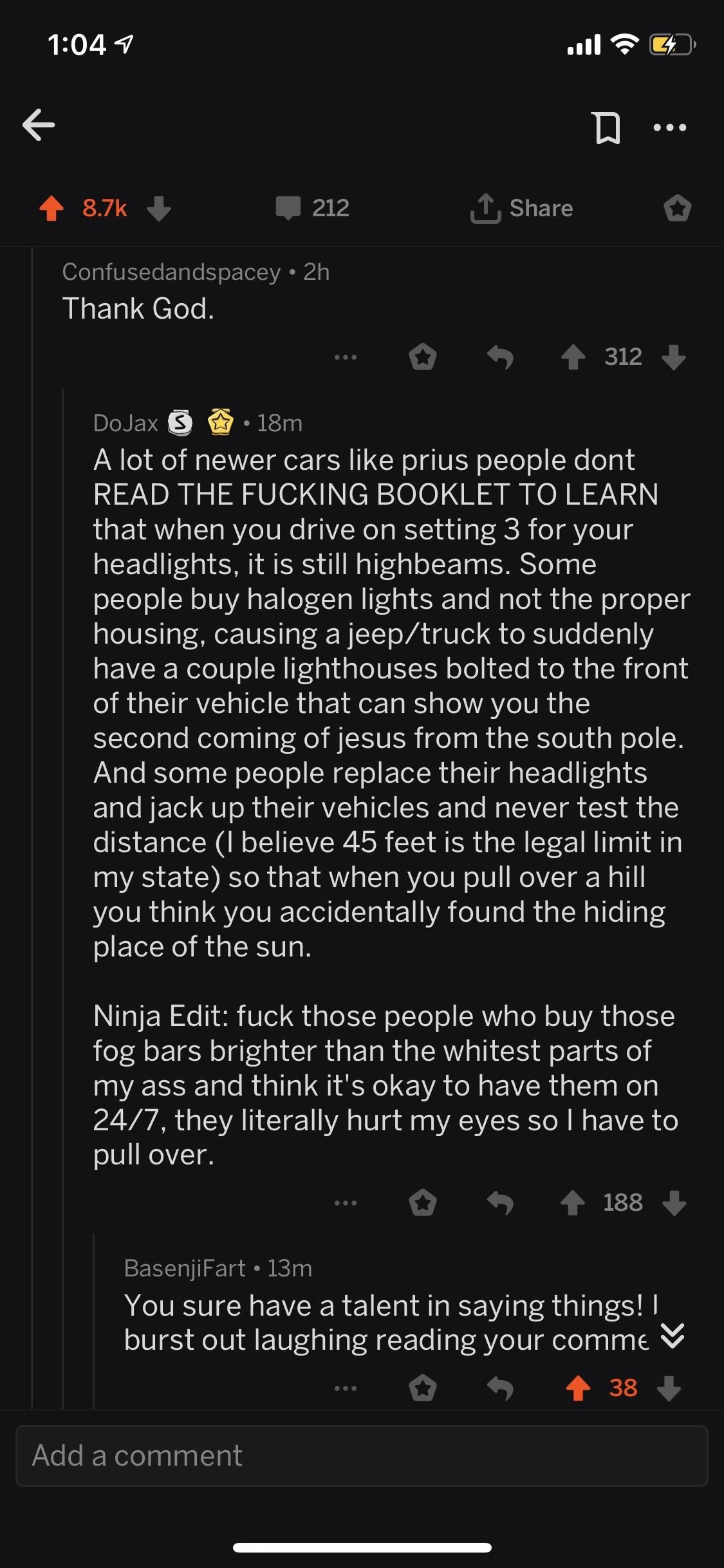 This comment about high beams made me lose my shit