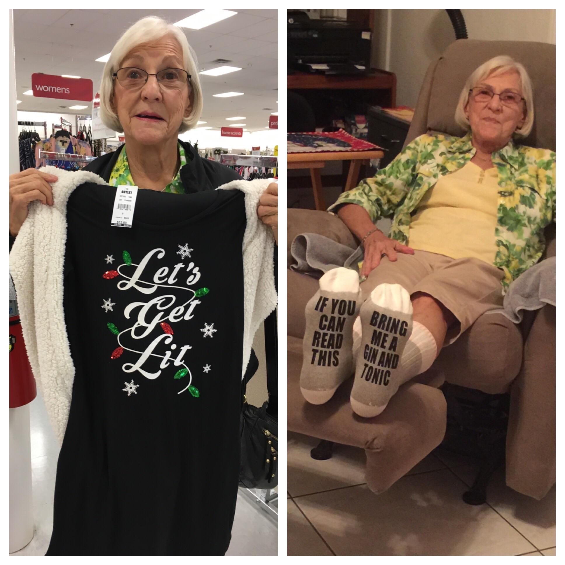 Turning 80 in April, she buys her own clothes.