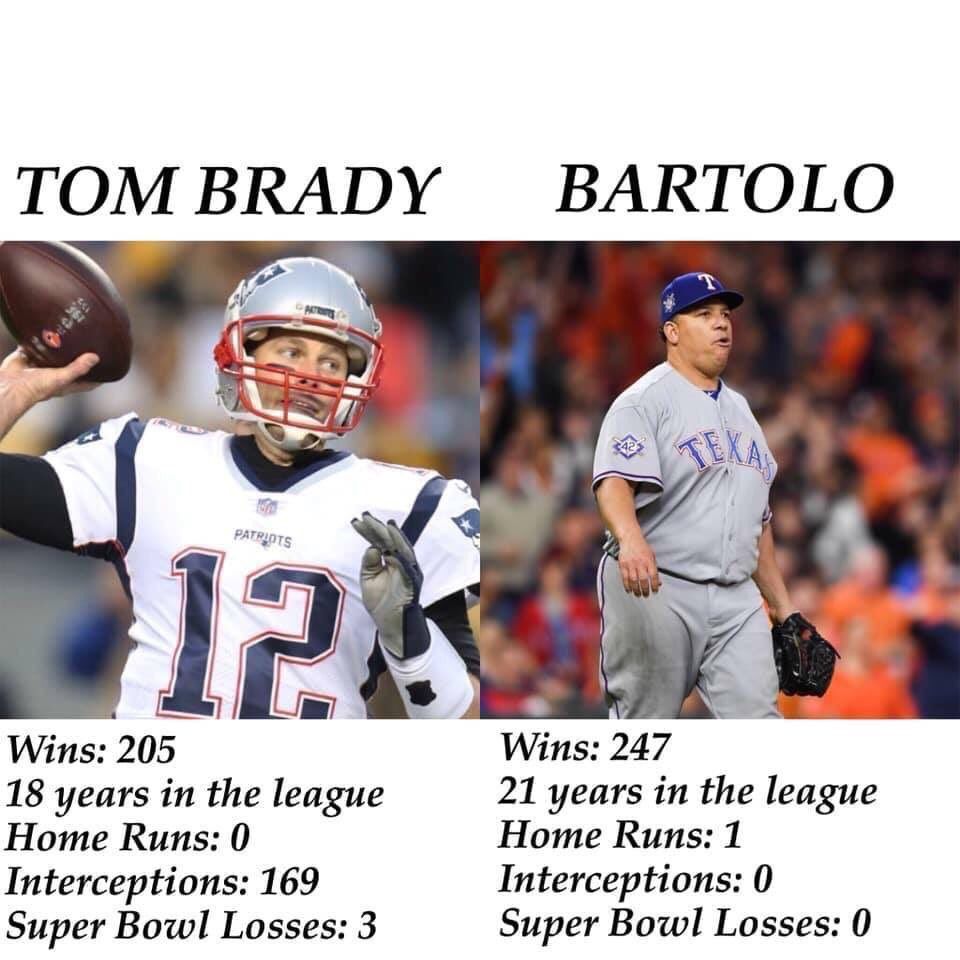 Bartolo Colon has never lost a Super Bowl, unlike Tom Brady