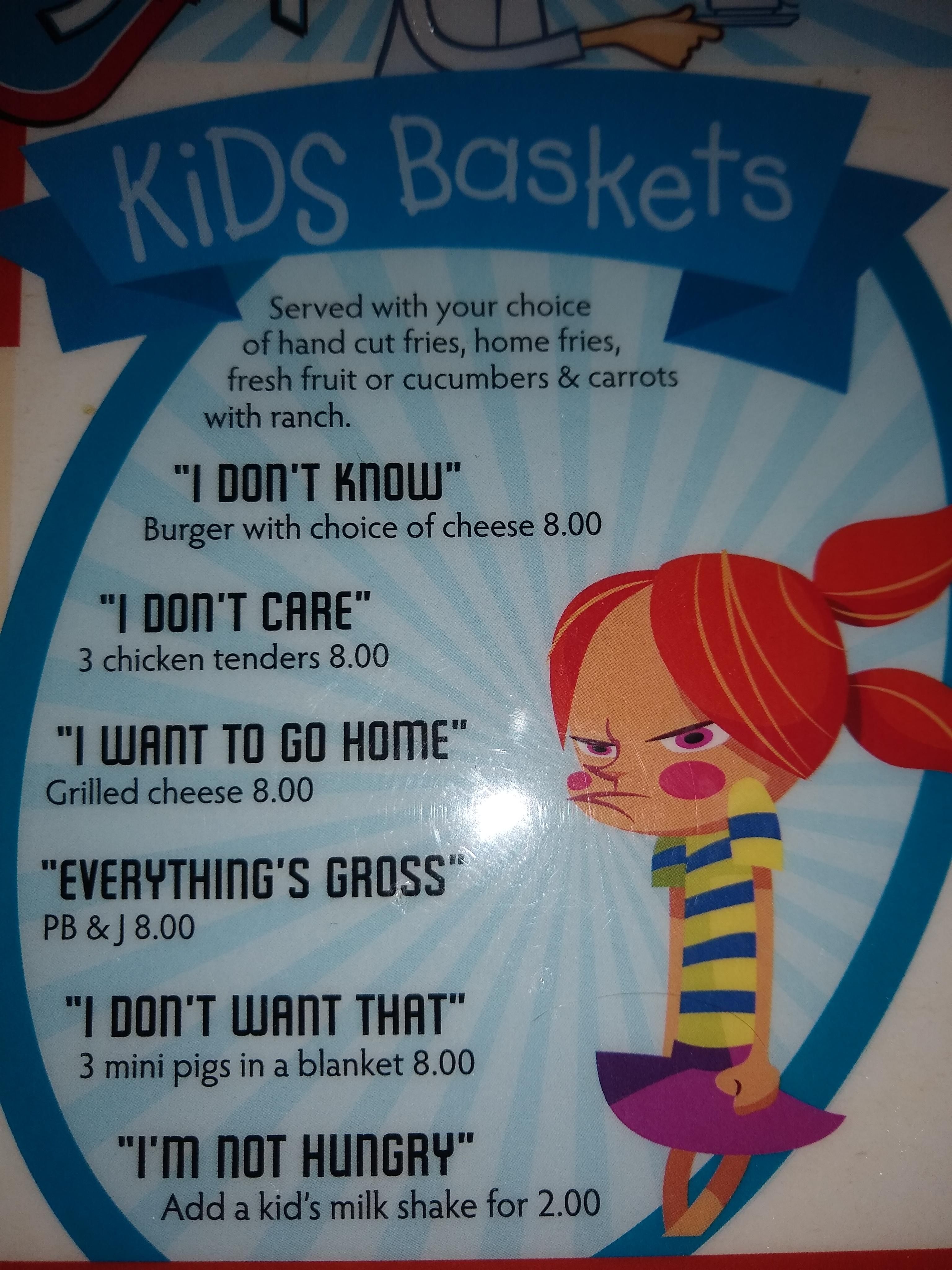 Kids menu at Lucky's Coffee Shop