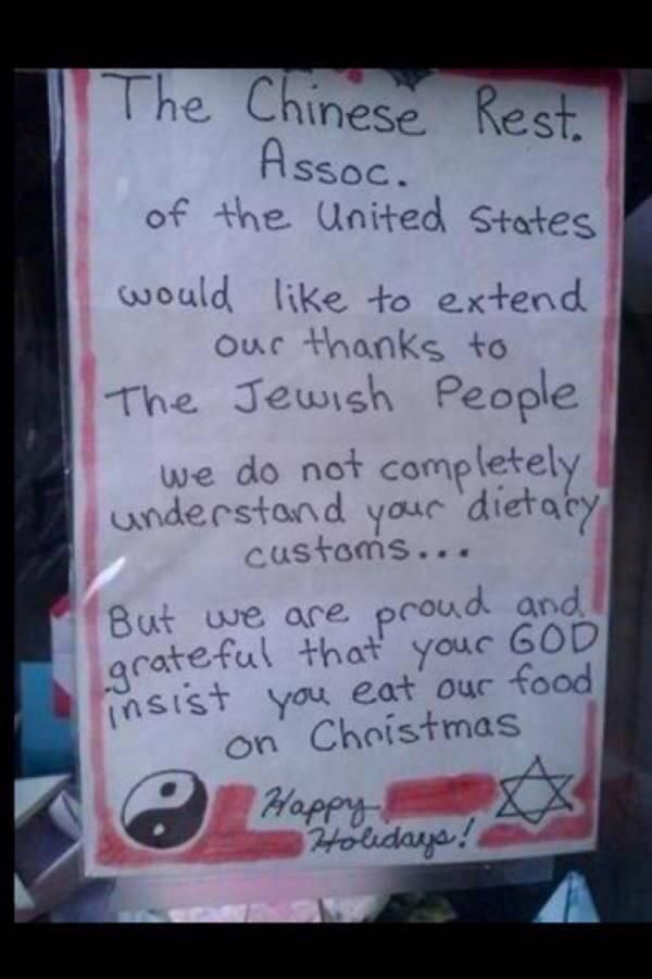 The annual re-post of the Chinese community thanking the Jewish people for eating Chinese food on Christmas.
