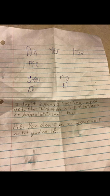 My friend's little girl sent a boy in school a note to ask if he liked her. This is the answer she got...
