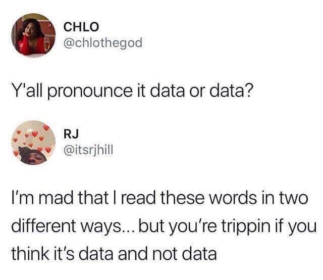 I pronounce it data. As in data.