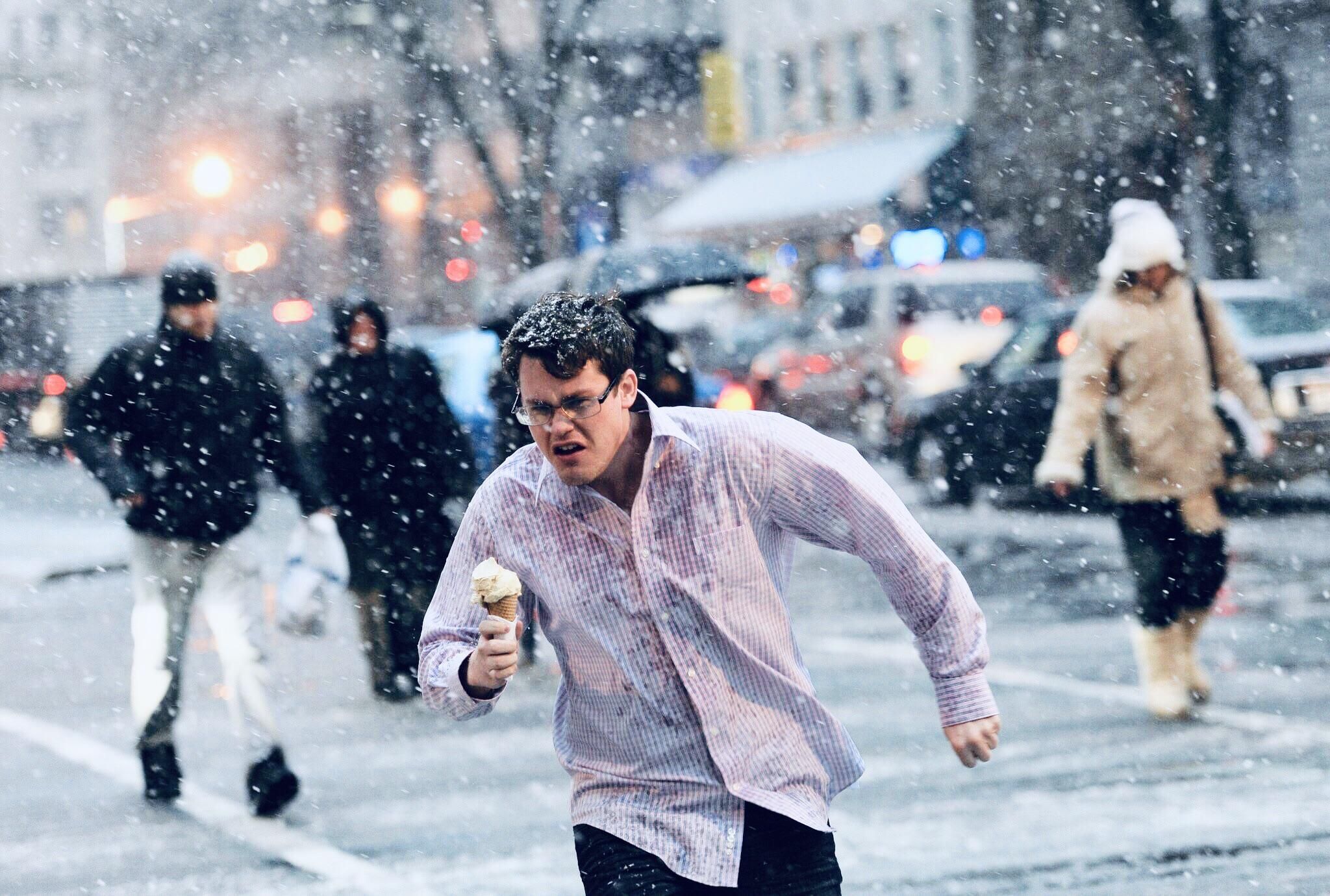 Man saves ice cream from blizzard.