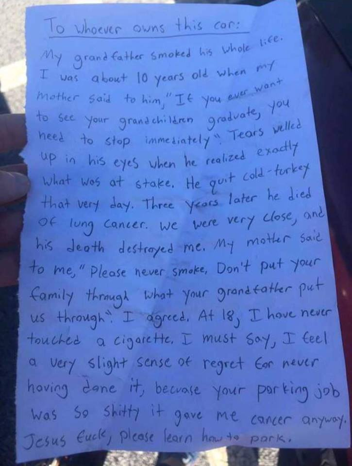 A touching note left on a car.