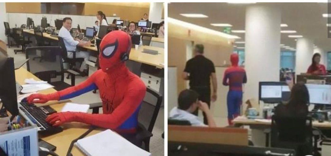 Last day of work at bank before quitting, co worker came in dressed like spiderman.