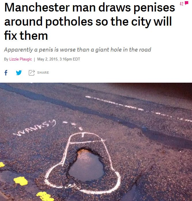 Man draws penises around potholes to attract Council's attention.