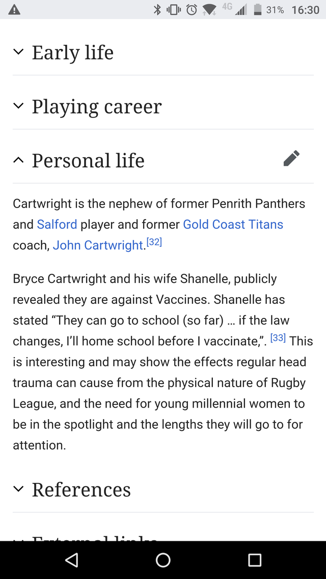 Someone edited Titans player Bryce Cartwright's wiki page after his anti-vax stance was exposed