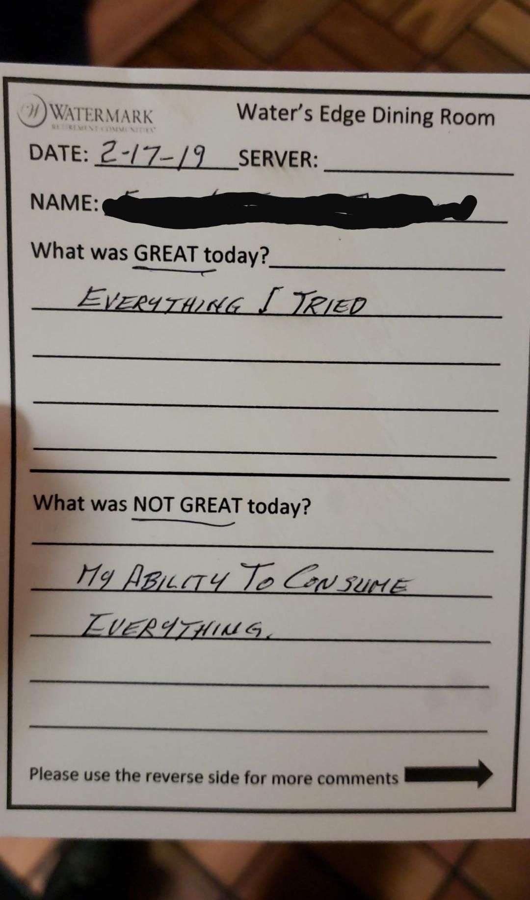 A comment card left at the table today