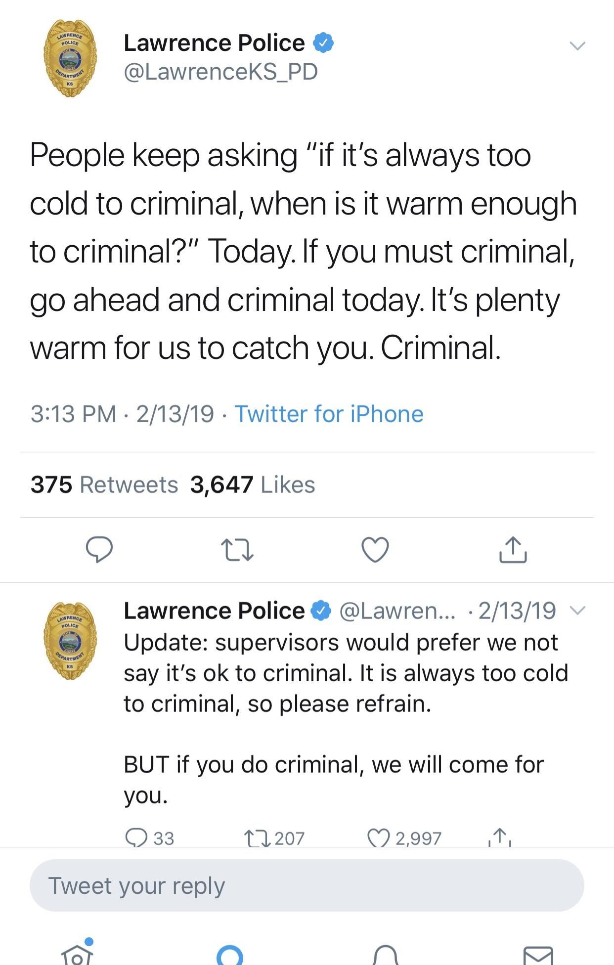 Local PD: Don’t criminal in the cold