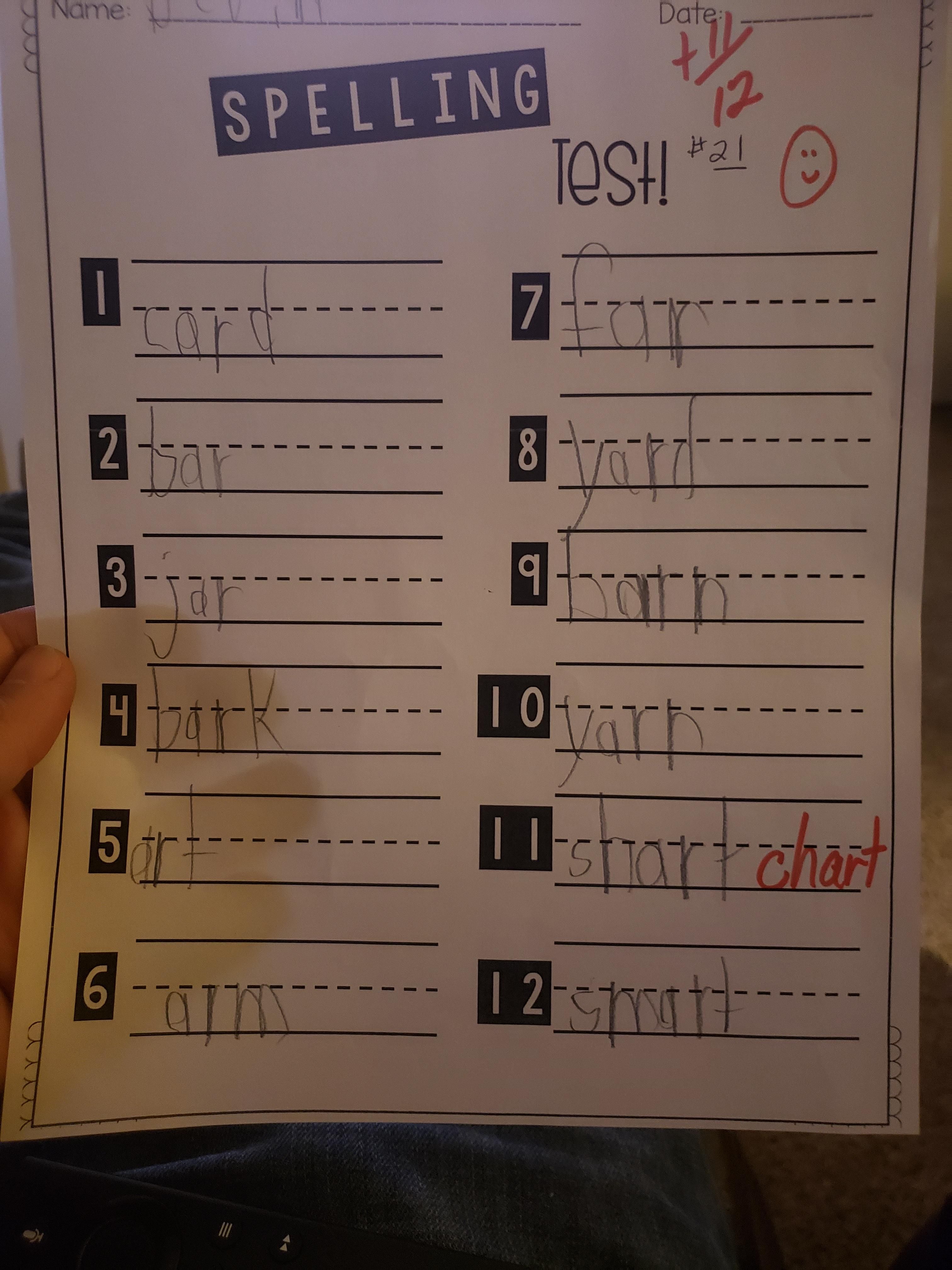 My 1st grader did very well on his spelling test today, only one wrong! Lol