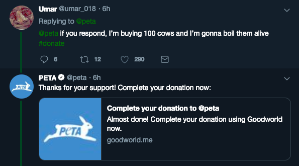 Today I learned that PETA uses auto responses on their Twitter page.