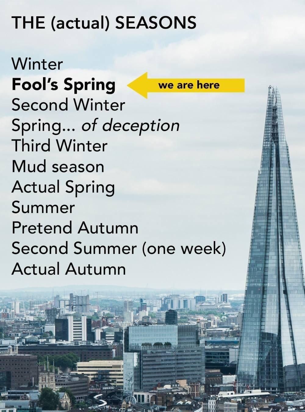 British seasons mirror the British spirit: overtly downcast with brief periods of false hope.