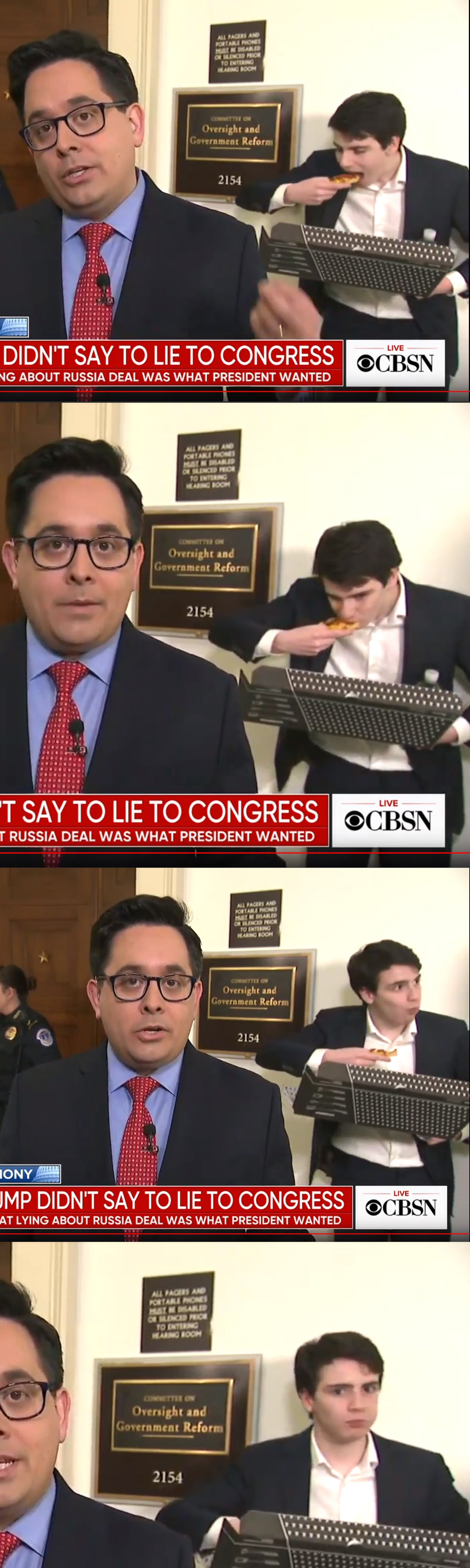 This congressional staffer caught eating pizza live on national TV.