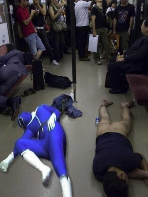 So a business man, the blue power ranger, and a half naked guy are all passed out on a train....