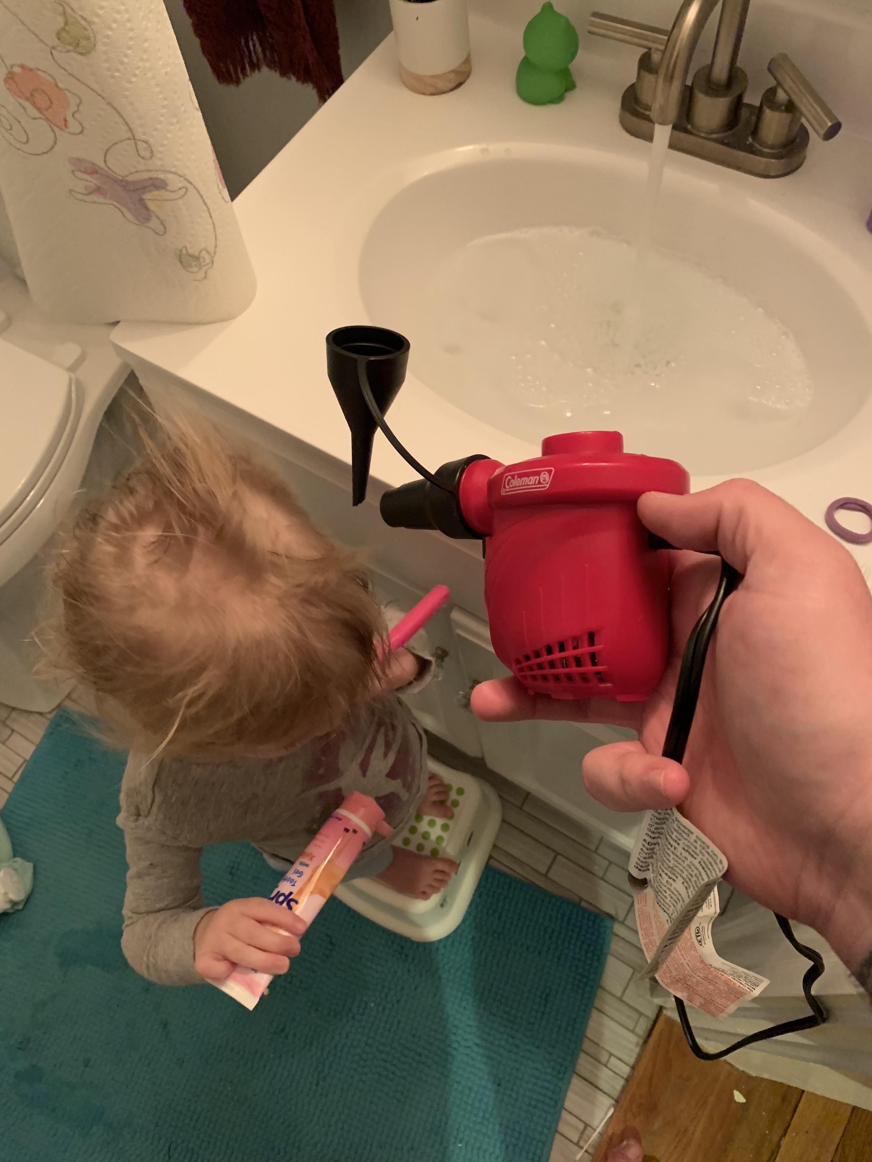 Wife’s out of town and took the hair dryer, so I had to improvise. Officially feel like a real dad now.