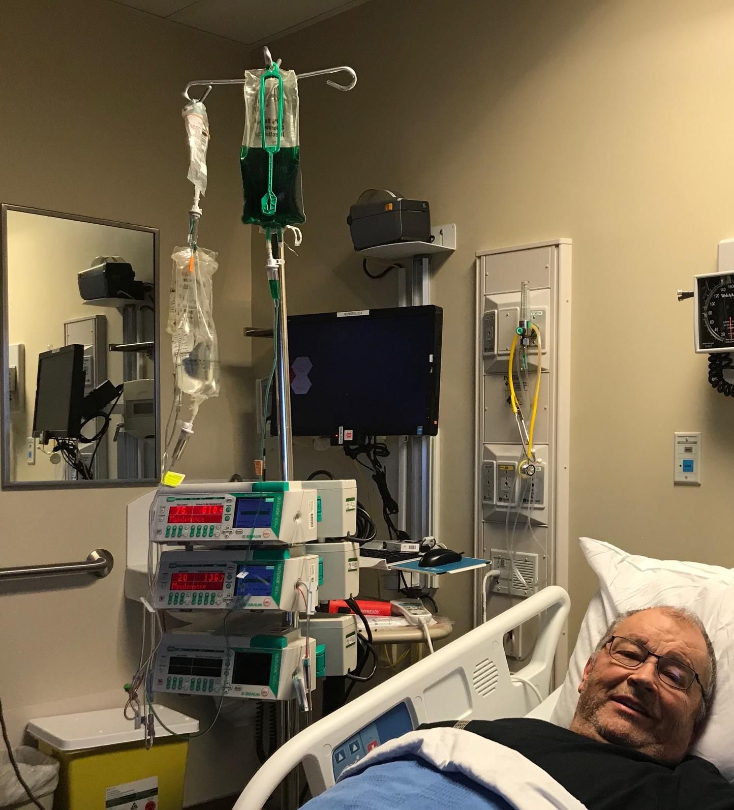 My leukemia afflicted father decided to pull an extremely expensive gag today by cutting open his saline IV bag and dumping green food coloring in it