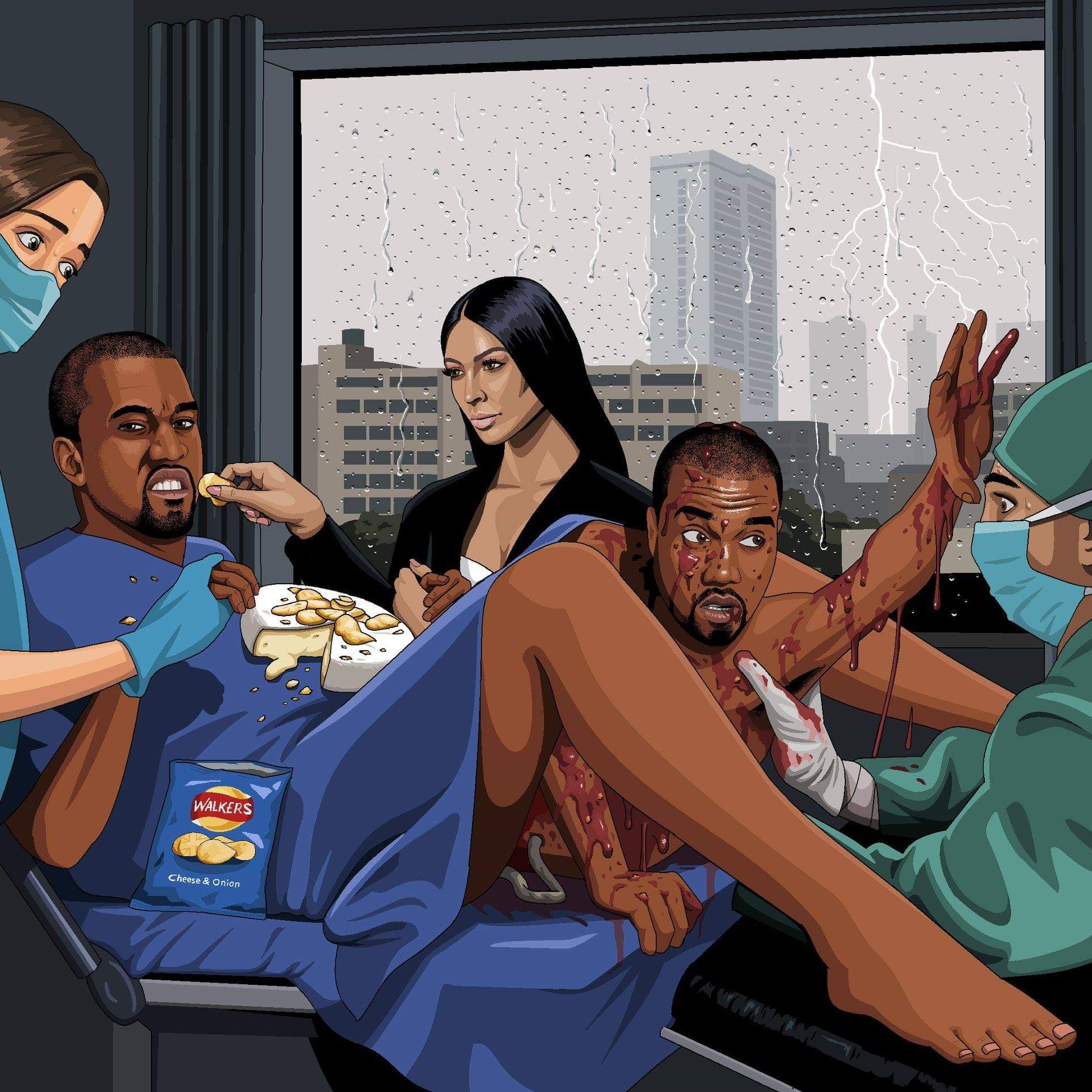 "Can you paint Kanye West giving birth to Kanye West whilst Kim Kardashian feeds him Walkers cheese and onion crisps on a bed of Brie?"