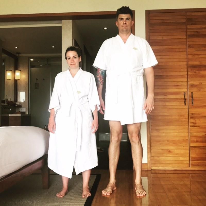 22 My wife is 5’1” and I am 6’7”, when it comes to hotel robes, one size does not fit all.