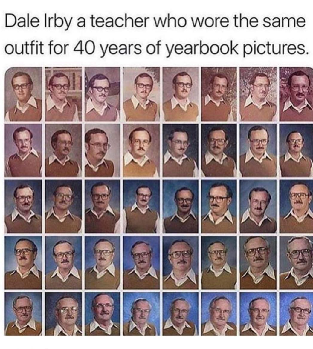 This teacher had the same shirt for 40 yearbook pictures
