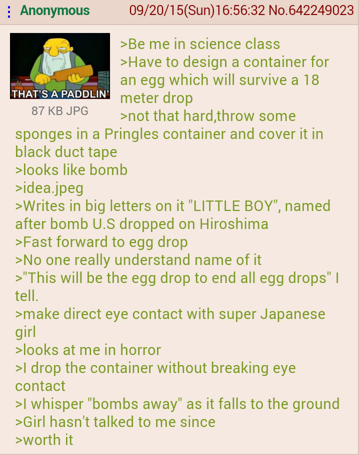 Anon and the egg drop