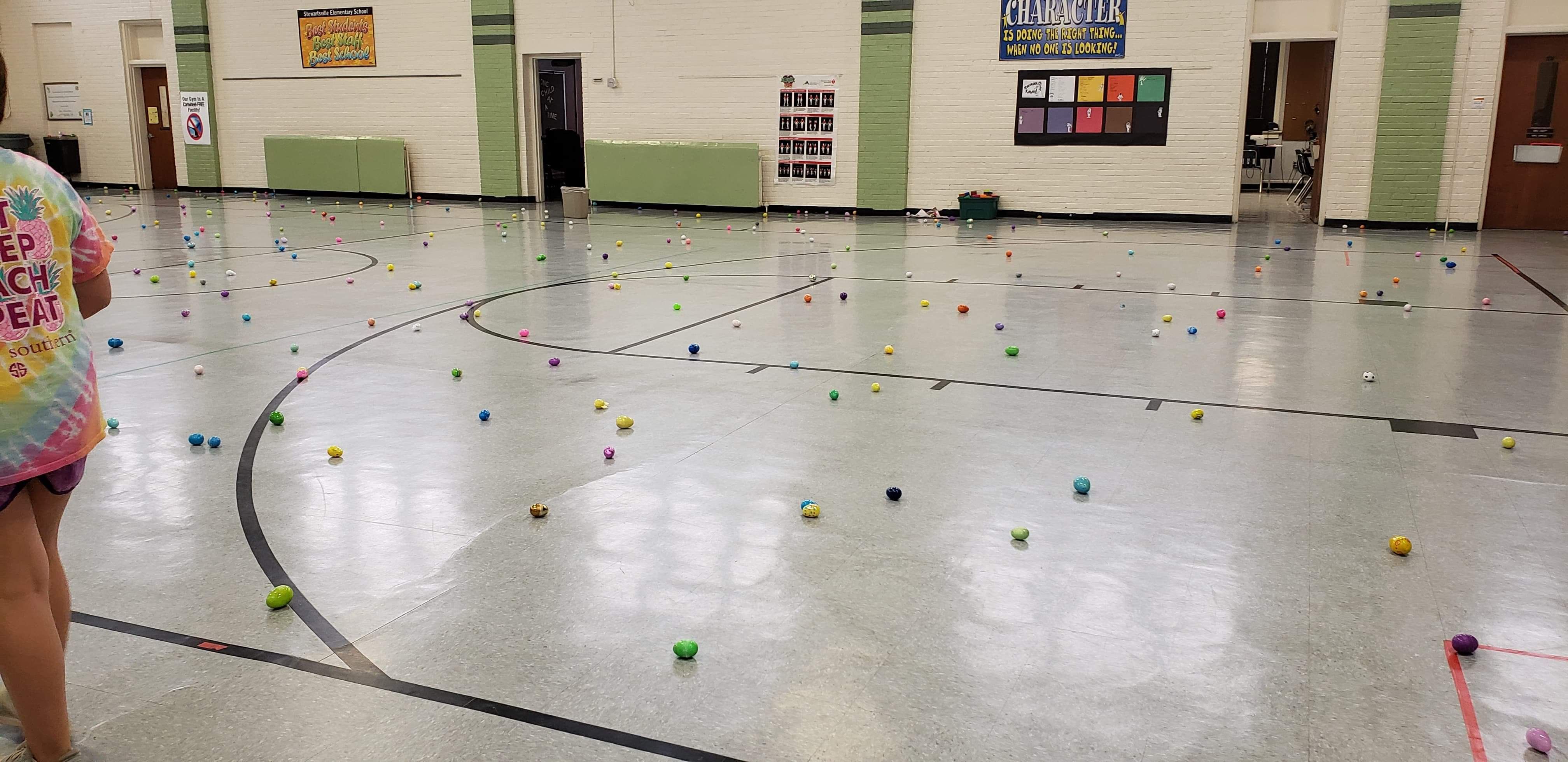 Easter egg hunt was rained out at my son's school, so everyone had to hide the eggs in the gym...