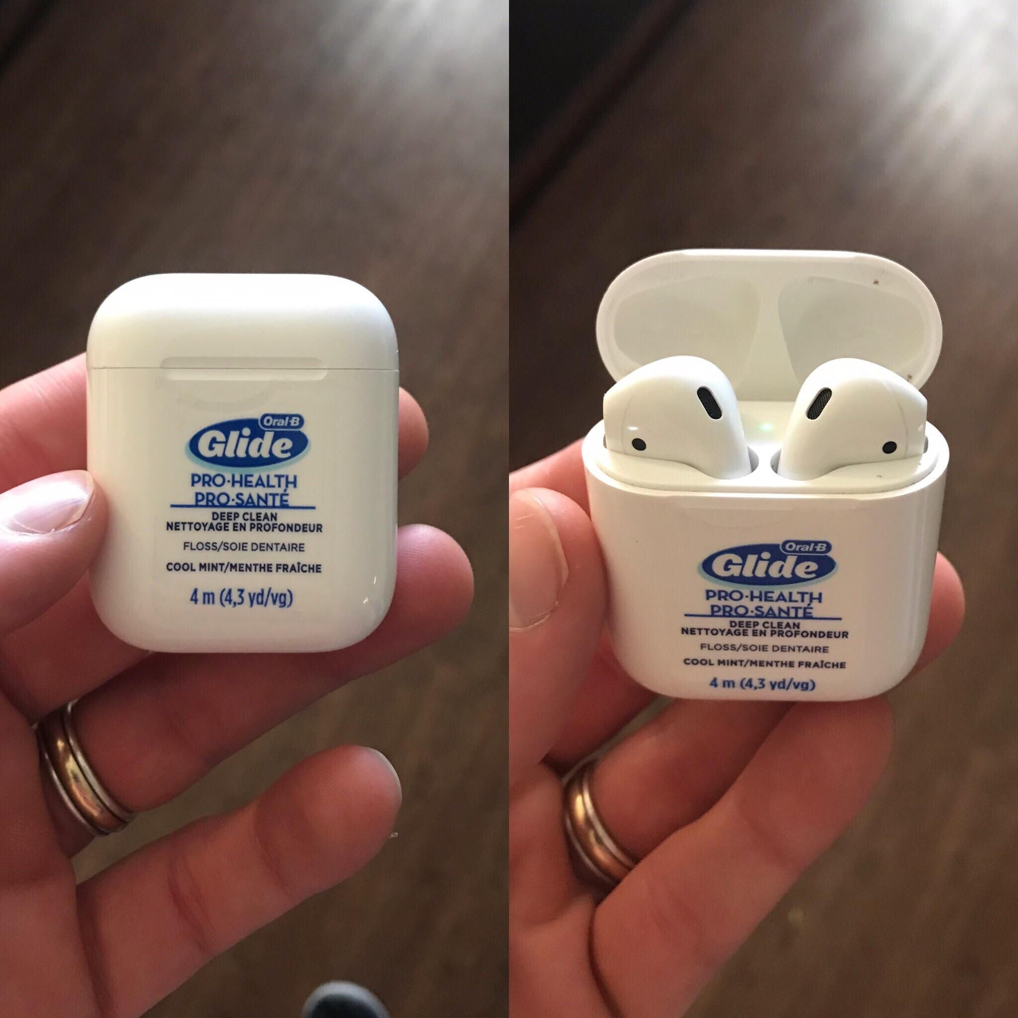 My younger sister camouflages her AirPods with a floss sticker