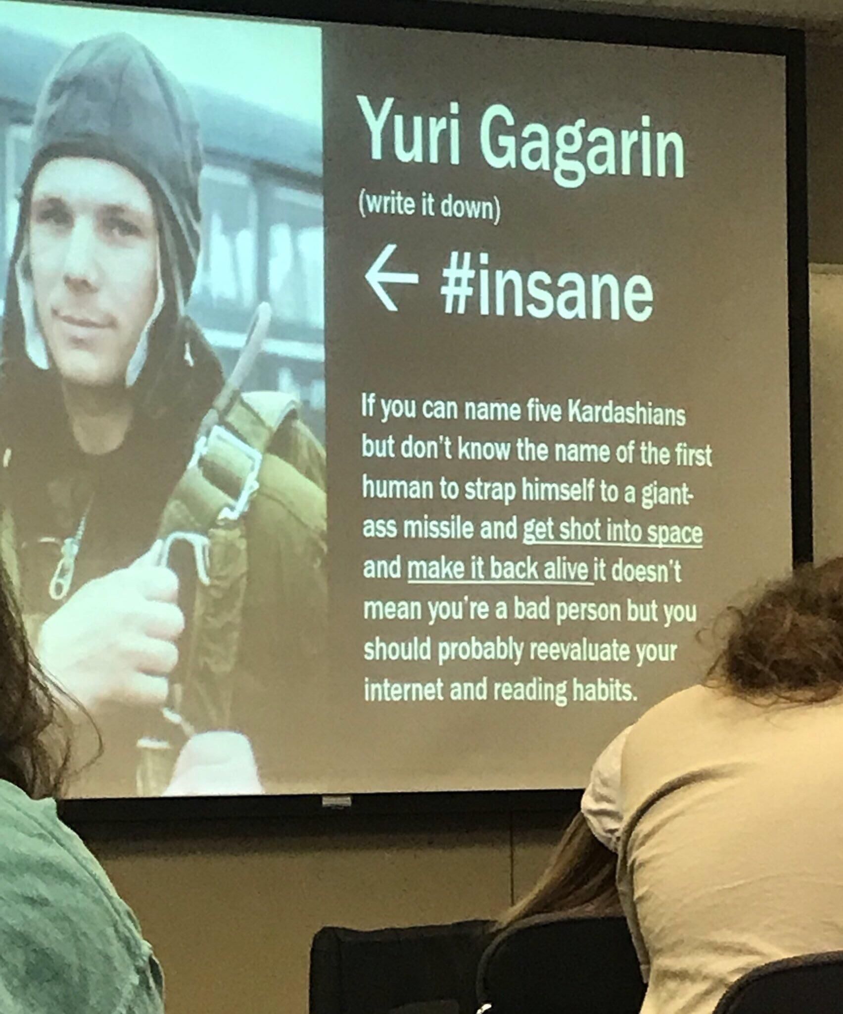 A history teacher’s slide on an astronaut