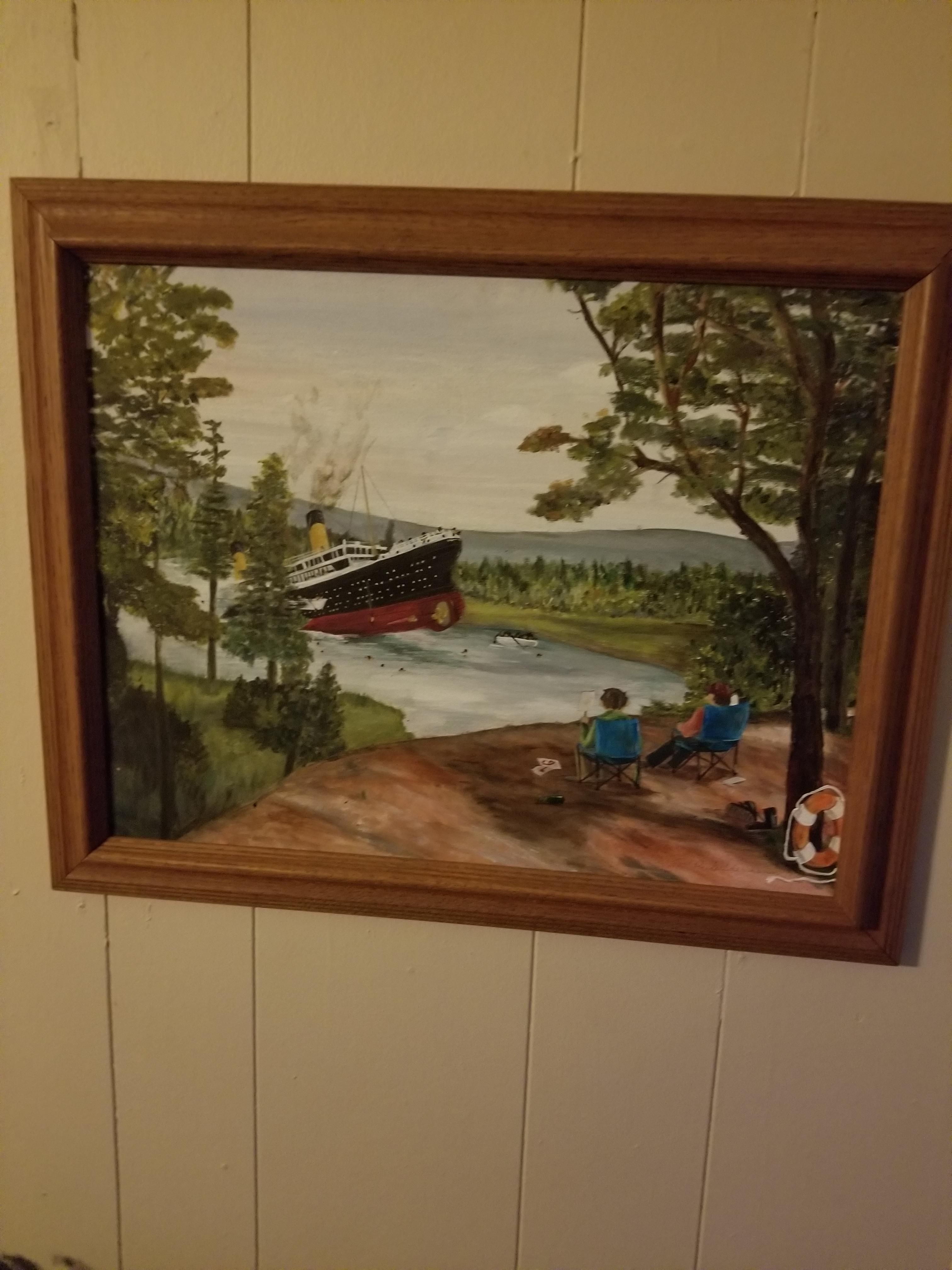 My sister likes to take Thrift store paintings and add more to them. This one is one of my favorites.