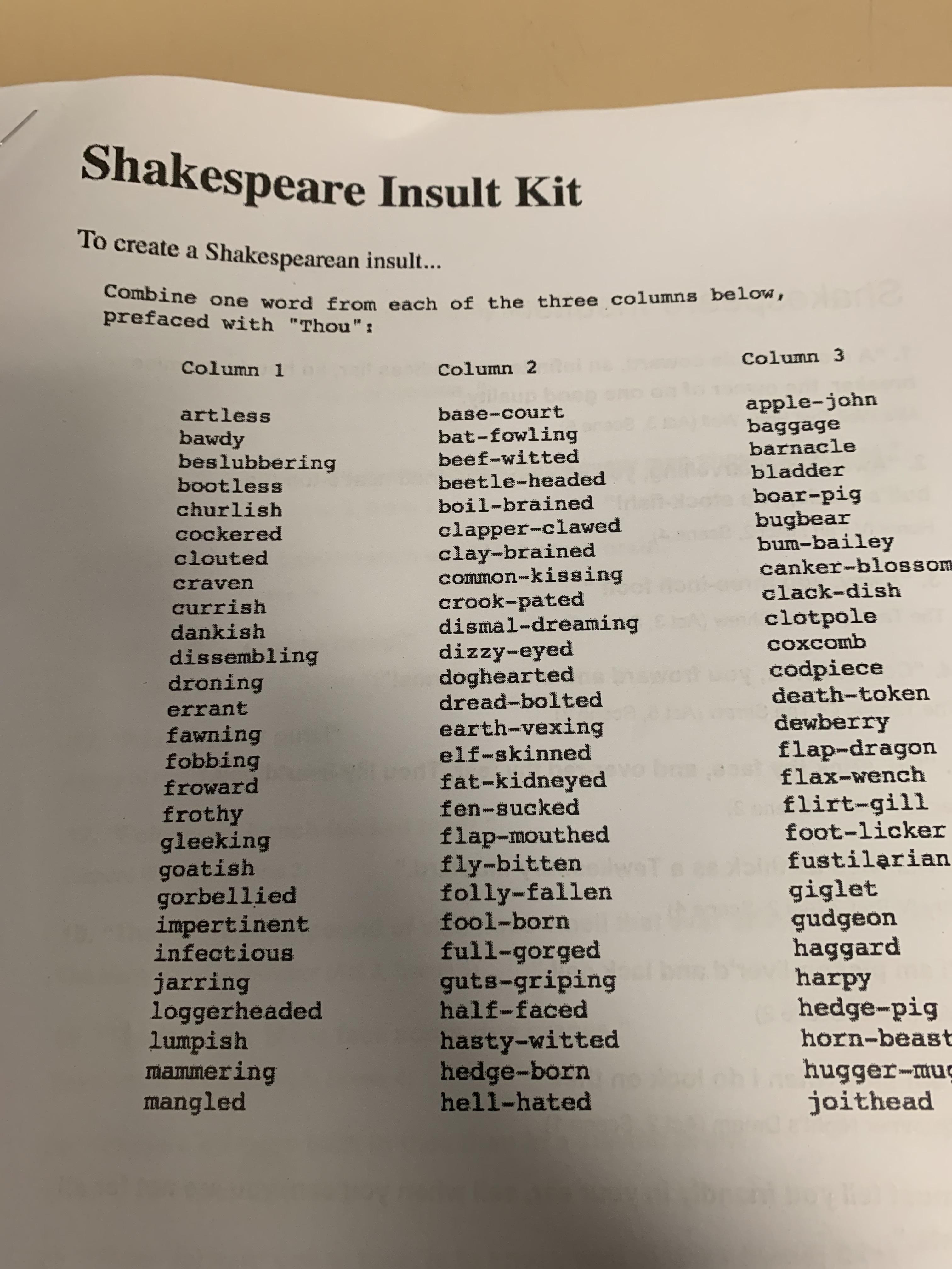 Our teacher told us to get In groups and practise theses Shakespearean insults, i love english a lot more