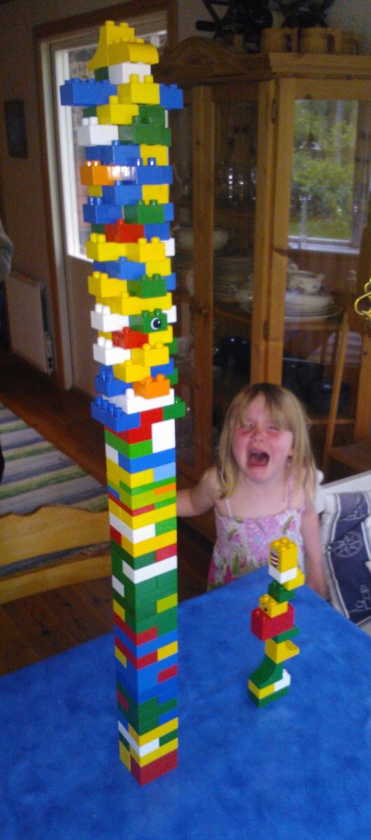 "Well, don't say you want a Lego tower tournament if you can't handle loosing..."